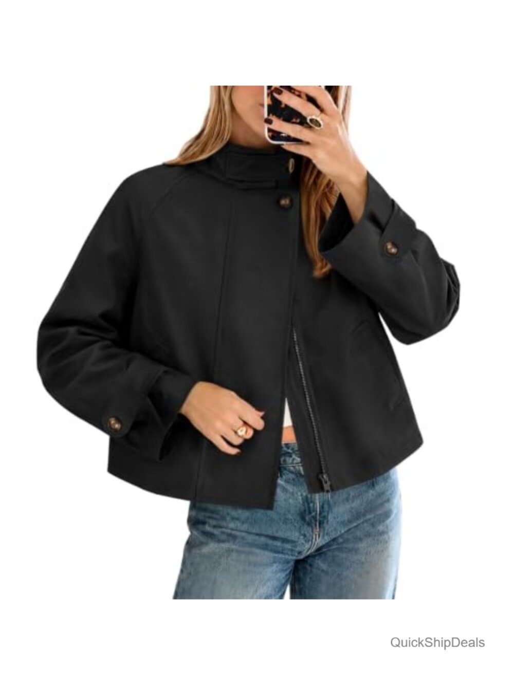 Women Cropped Trench Coat Funnel Neck Zip Up Casual Jacket